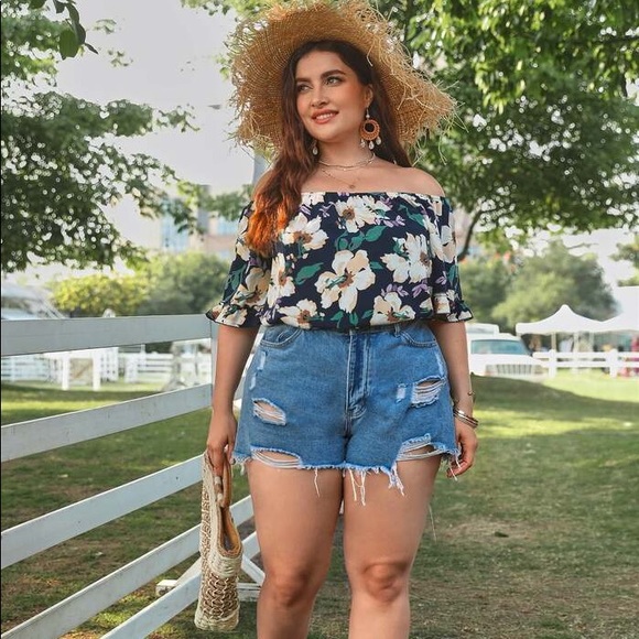 Old Navy Tops - ✨ Old Navy Blue Floral Lemon Print Blouse Off the Shoulder Top ✨